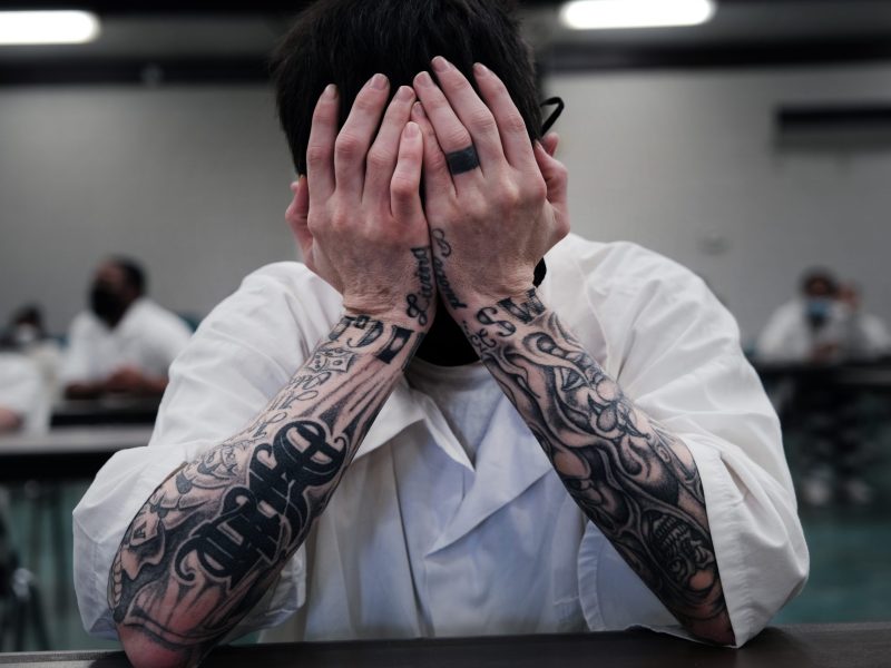 A prisoner waits at the Bolivar County Correctional Facility to receive a Covid-19 vaccination administered by medical workers with Delta Health Center on April 28, 2021 in Cleveland, Mississippi. Photo by Spencer Platt/Getty Images