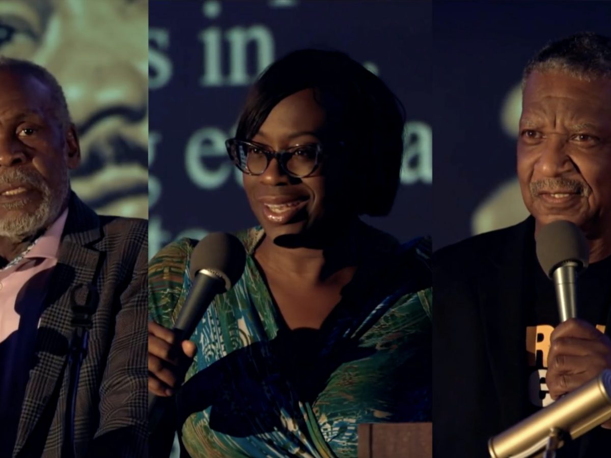 Danny Glover (L), Nina Turner (C), and Eddie Conway (R) speak at an MLK commemorative event hosted at The Real News Network studio in Baltimore, Maryland, on April 4, 2018.